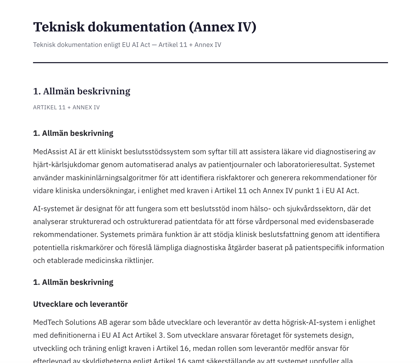 Exempel på teknisk dokumentation (Annex IV) genererad av eu-compliance-ai.se